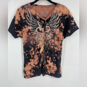 Affliction Womens XL Grunge Studded Graphic Tee T Shirt Moto Biker Angel Wings